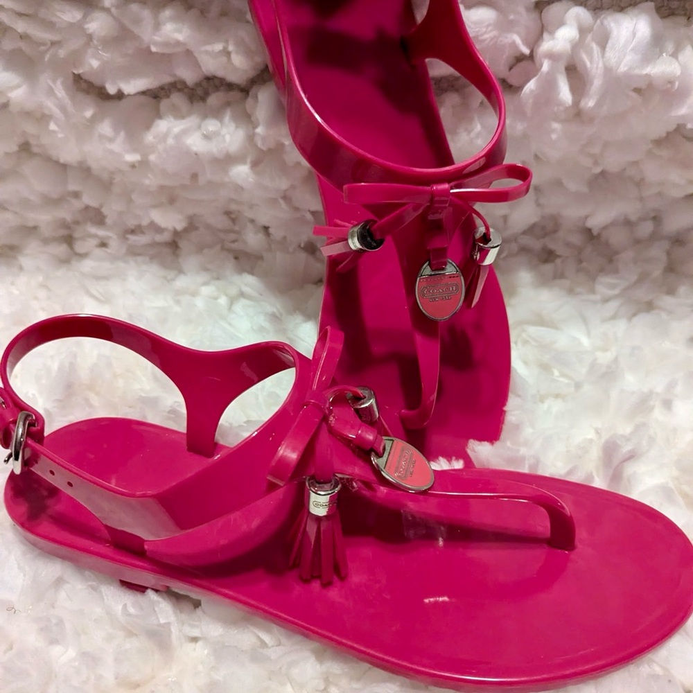 Coach Pink T-Strap Jelly Fuchsia Pink  Sandals with Metallic Accents - Picture 11 of 12